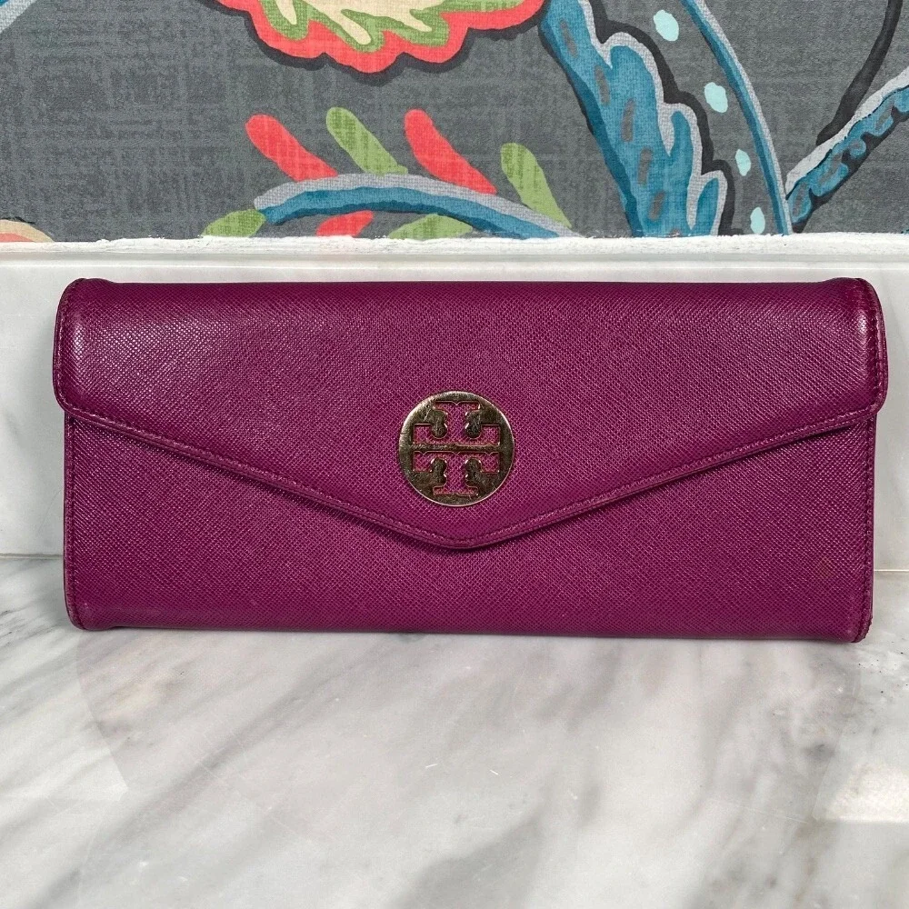 Tory Burch Continental Wallet Leather Zip Around Clutch Plum Purple 7.5x4